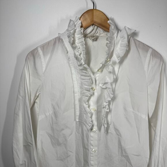 J.Crew Top Women 0 White Ruffle Trim Button-Up Long Sleeve Old Money Career - Picture 2 of 7